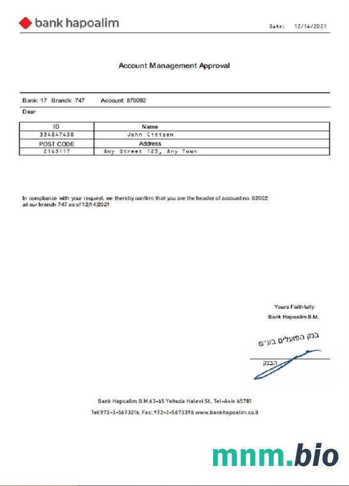 Izrael Bank Hapoalim Zatwierdzenie Zarządzania Kontem
